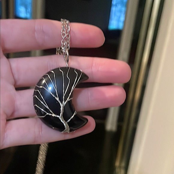 Hand Crafted Jewelry - Wire wrapped Black Obsidian Crescent Moon with Tree of Life